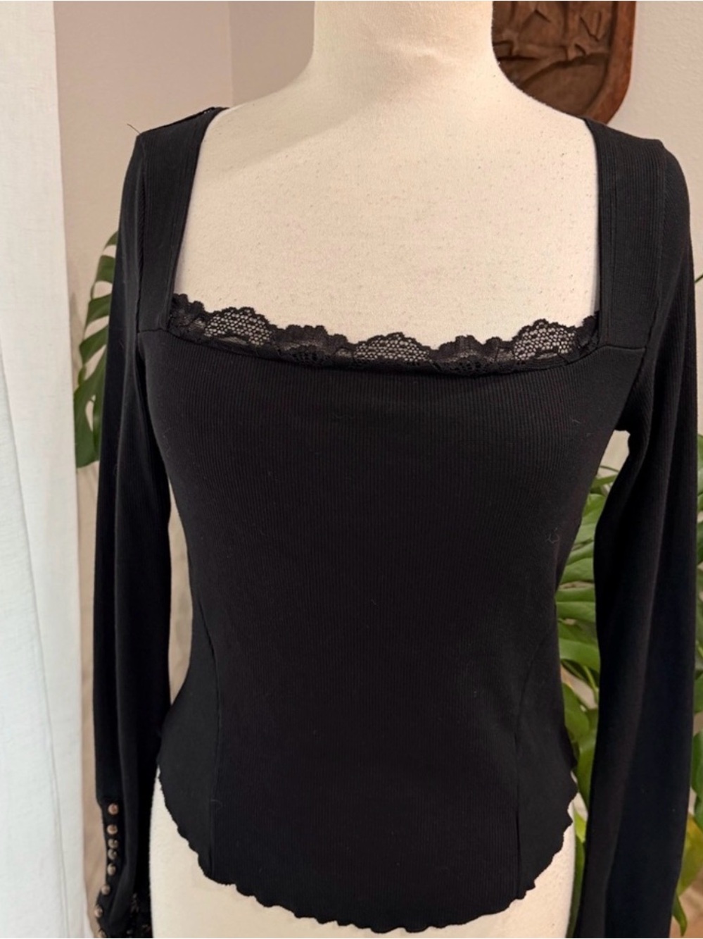 Free People Black Lace Long Sleeve Ribbed Top Large